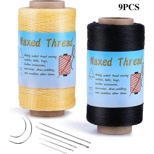 9PCS Waxed Sewing Thread Kit, 2Color Waxed Thread With Sewing Needles, Curved Needles For Leather Stitching, Bookbinding