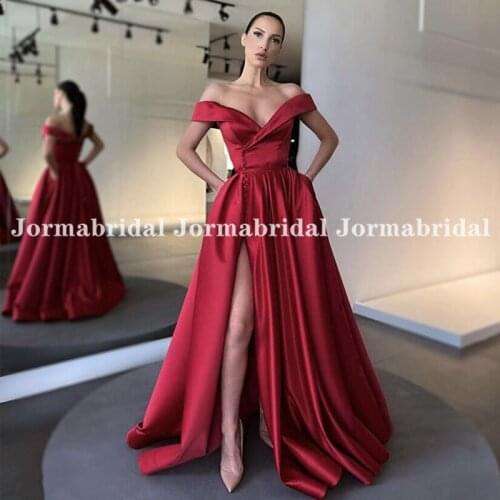 High Slit Wine Red Prom Dress With Buttons Front Off Shoulder Multi Color Satin Formal Party Dresses Prom Gowns Vestidos De Gala
