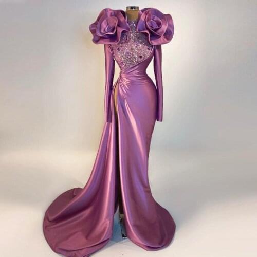 Elegant Flower On Shoulder Satin Evening Gowns High Neck Long Sleeves Mermaid Prom Dresses Sexy High Split Sequins Beaded Dress