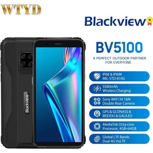 Blackview BV5100 IP68 Waterproof Global Version 4G Mobile Phone 5.7' 4GB 64GB Android 10 5580mAh NFC Wireless Charge Smartphone