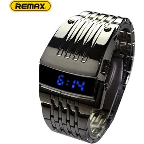 Blue LCD Digital Time Display Fashion Stainless Steel Strap Mens Watch Christmas Birthday Gift Striped Shape Chain Watch