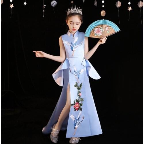 Children Blue Embroidery Chinese Evening Dresses Catwalk Fairy Tailing Princess Mermaid Costume For Kids Cute Elegant Party Gown