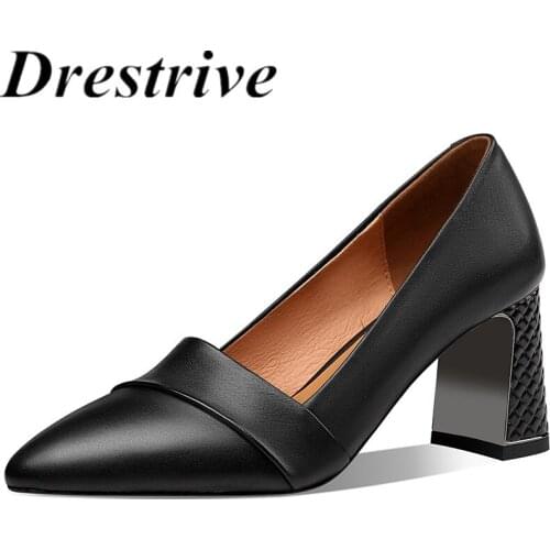 Drestrive Cow Leather Women Pumps 2021 Summer Classics Thick High Heel Shoes Office Big Size 42 Brown Pointed Toe Shallow