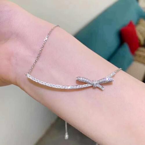 Curved Bowknot Pendant Collar 925 Sterling Silver Zirconia Necklace Chain for Women Shiny Short Chain Charms New Fashion