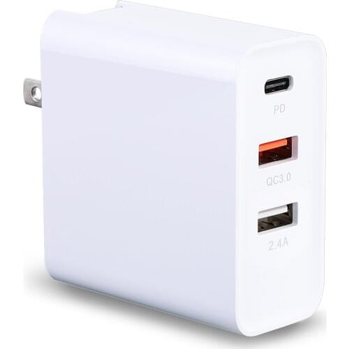 48W 3 Port USB Charger Foldable Type-C PD + QC 3.0 + 2.4A Fast Charging Wall Charger Adapter