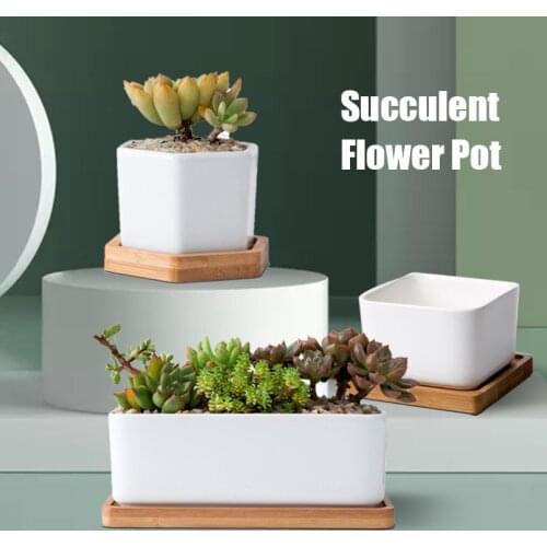 Minimalist Simple White Creative Desktop White Ceramic Flowerpot With Bamboo Tray Succulent Plant Pot Cactus Planter Flower Pot