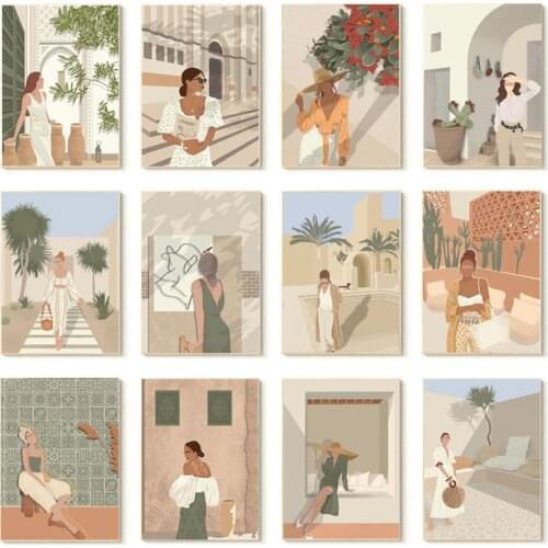 French Women Cactus Fashion Beige Boho Wall Art Canvas Painting Nordic Posters And Prints Wall Pictures For Living Room Decor