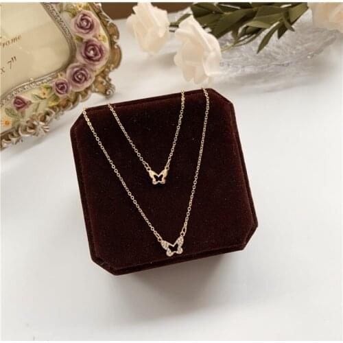 Fashion Elegant Double Alloy Chains Rhinestones Inlaid Hollow Metal Butterfly Pendent Necklace for Women Girls Neck Jewelry Gift