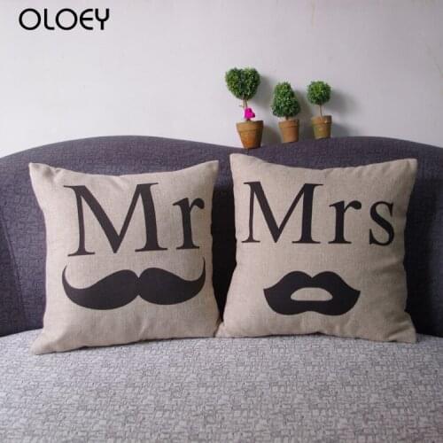 Mr. and Mrs. Cushion Cover, Square Linen Cushion Cover, Bedroom Cushion Cover, Home Decoration Cushion Cover, Size 45cmx45cm