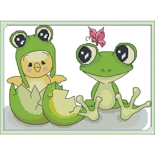 The chicken and the frog cross stitch kit Pattern printed on canvas DMC embroidery handmade needlework craft supplies material
