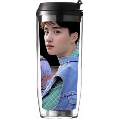 Kpop EXO Portable Accompanying Cup XIUMIN SUHO LAY BAEKHYUN CHANYEOL D.O. KAI SEHUN Double Layer Summer Bottle Plastic Straw Cup