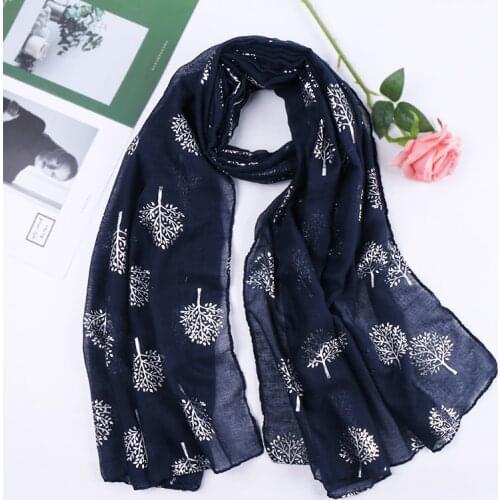 Luxury Designer Silver Tree TR Cotton Scarf Hijab Shimmer Glitter Scarves Women Muslim Hijab Headscarf Navy Blue Scarf 180*90cm