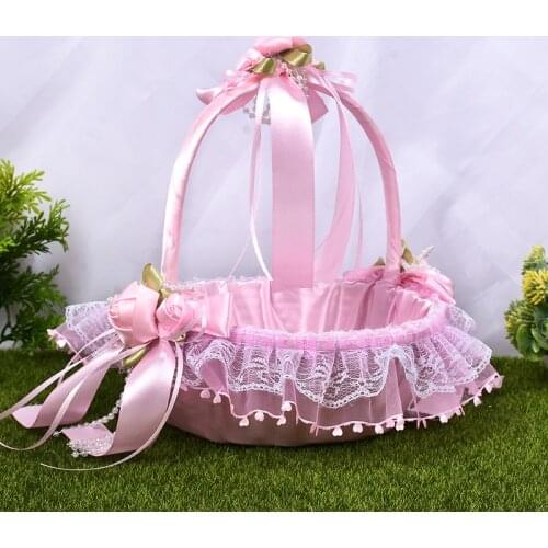 Pink Blue Flower Girl Baby Hold basket bloemenmeisje mandje Satin with Lace Wavy edge cestas de boda