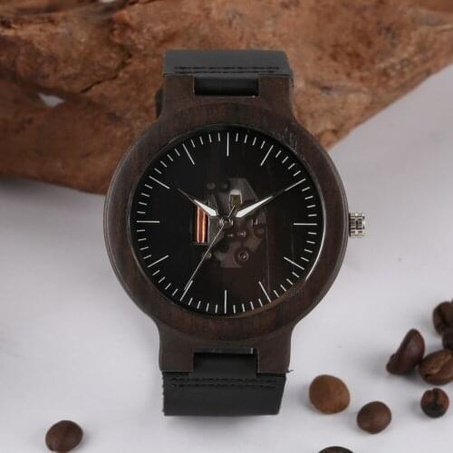 Handmade Mens Wooden Watch Business Analog Quartz Wood Watches for Boy Leather Strap Natural Wristwatch for Teenager