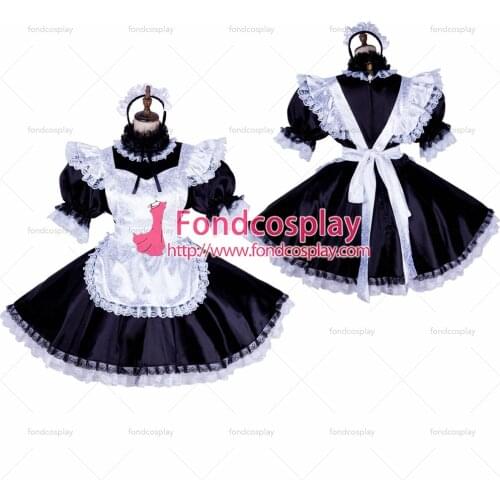 Fondcosplay adult sexy cross dressing sissy maid short lockable black satin dress white apron Uniform costume Tailor-made[G1775]