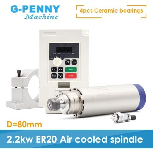 2.2kw ER20 air cooled spindle 4 ceramic ball bearings 24000rpm air cooling 0.01mm & 2.2kw QL VFD inverter & 80mm spindle bracket
