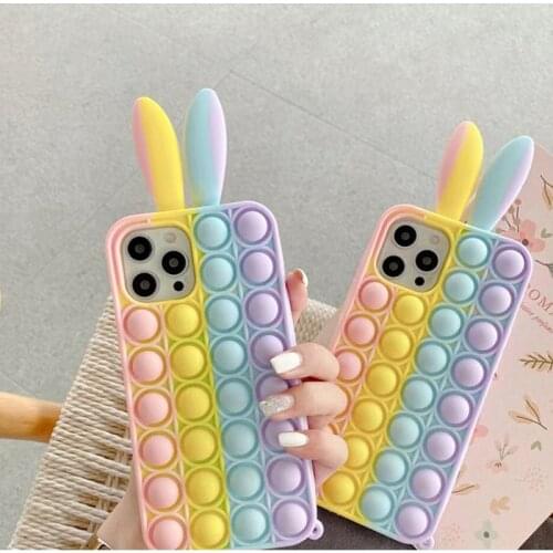 ASINA Fidget Toy Case for iphone11 12 Pro Max Push Pop Bubble Silicone Rubber Phone Case for iPhone 7 8 Plus X XS Max Bunny ears