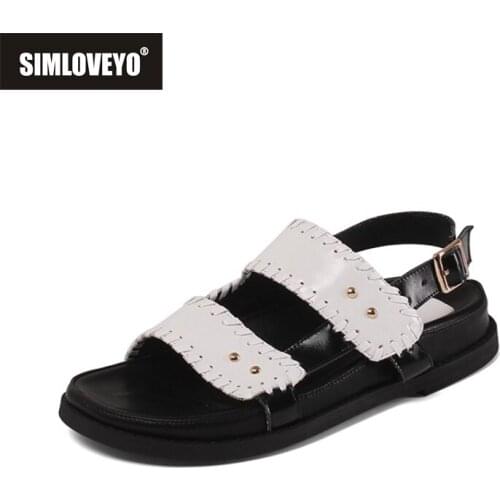 SIMLOVEYO Celebrity Women Flat Genuine Leather Sandals Thick Sole Buckle Strap Platform Chunky Comfort Rome Gladiator Shoe 34-40