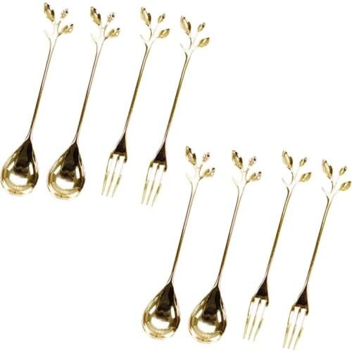 Tableware Gold Leaf Coffee Spoon Fork,(4 Spoons 4 Forks) Espresso Spoon and Appetizer Dessert Forks Set,4.7 In