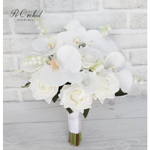 PEORCHID Real Touch Orchid Wedding Bouquet Beach Bride Holding Flowers Bouquet Beautiful White Calla Lily Bridal Bouquet