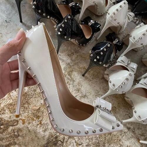 Dark nude 12cm extreme high heels women shoes with bow rivets black red pointed toe shallow women pumps plus size MD002 ROVICIYA