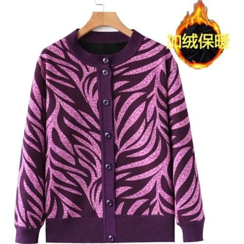 Middle-aged Women Printing Knitted Sweaters Autumn Winter Plus velvet thickening Knit Cardigan Sweater Plus Size Mother Loaded