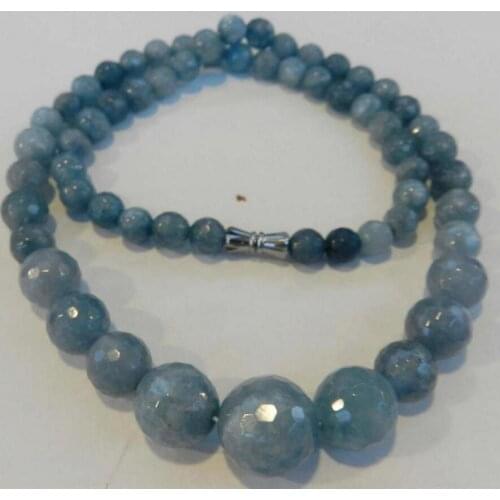 Jewelry 6-14mm Brazilian Aquamarine Faceted Gems Round Beads Necklace 17