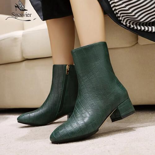 Sgesvier 2020 Vintage Plaid Chunky Heels Winter Womens Ankle Boots Green Wine Red Black Booties Shoes Woman Footwear Plus Size