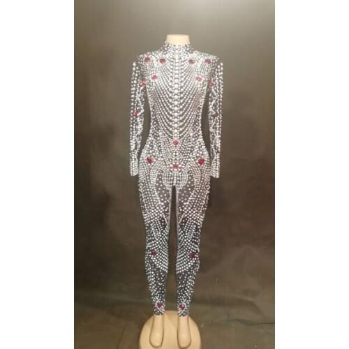 Women Sexy Black Rhinestones Pearls Jumpsuit Womens Birthday Stretch Bodysuit Leggings Nightclub Female Singer Dance Costume