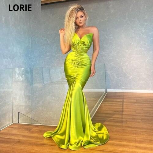 LORIE 2021 Pleat Evening Dress Mermaid V-neck Grass Green Long Prom Gowns Custom Made Sexy Vestido De Fiesta Vestido Longo