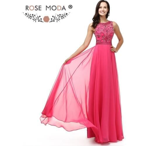 Rose Moda Crystal Beaded Hot Pink Evening Dress High Neck Sleeveless Floor Length Formal Party Dress Cut Out Back 2019