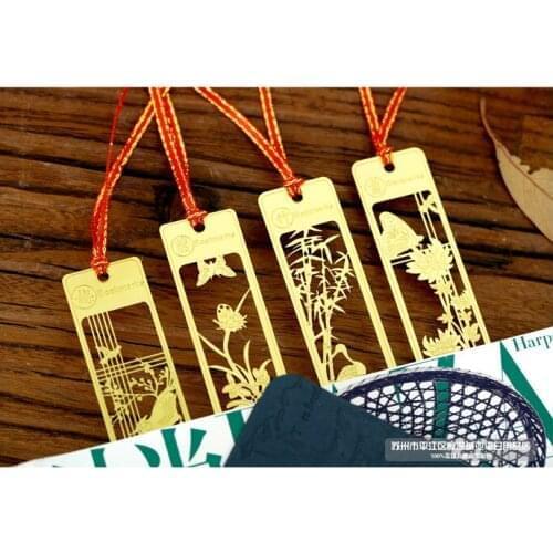 1Set Of 4 Pcs Creative Chinese Style metal bookmark Stainless steel gold-plated classical retro plum blossoms orchids bambo