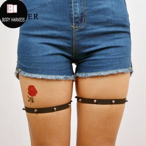 2 Piece Sexy body Harness Elastic Garter Belt Goth Punk Body Suspenders Rivet Stockings Garters Bondage Lingerie Leg Garter