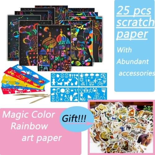 25 Sheets Magic Color Rainbow Scratch&Sticker Art Paper Card Set with Graffiti Stencil for Drawing Stick DIY Painting Toy Kids W