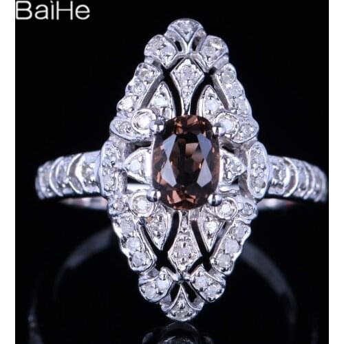 BAIHE Real Solid 14K White Gold Genuine Smokey Quartz Ring Wedding Band Women Vintage Fine Jewelry Making Marquise Ring Men
