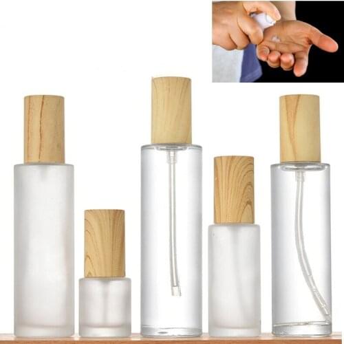 50pcs 20-100ml Atomizer Empty Frosted Glass Lostion Bottle Bamboo Lid Pump Head Travel Perfume Liquid Cosmetic Vials Containers
