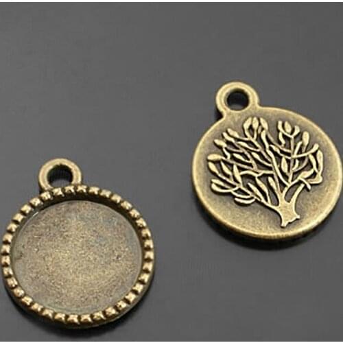C641)30 pieces inside 14mm Antique Bronze Zinc Alloy Peace Tree Round Base Bezels Cabochon Beads Cameo Settings Pendants