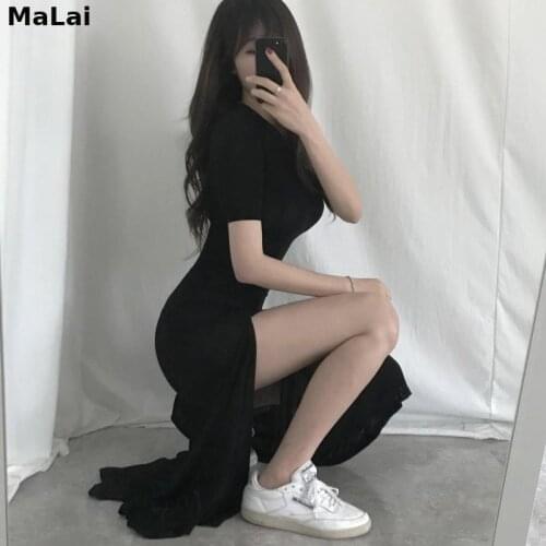 One Piece Dress Casual High Elastic Plus Size O Neck Modal Cotton Black Side Split Mermaid Women Short Sleeve Grey Wild Vestidos