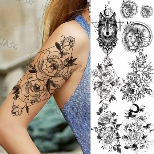 Black Geometric Dahlia Peony Temporary Tattoos For Women Girls Wolf Lion Tiger Flora Fake Tattoo Sticker Arm Waist Tatoos Sexy