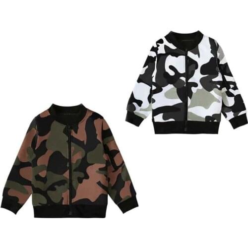 Infant Kids Baby Boy Baseball Coat Children Camouflage Printed Long Sleeve Top Zipper Cardigan Threaded Hem Coat Kids 2-6Years