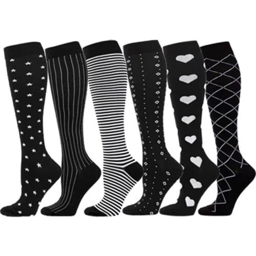 Hot Selling Long Tube Compression Socks Fitness Running Football Soccer Socks Black Outdoor Sports Heart Dots Striped Stockings