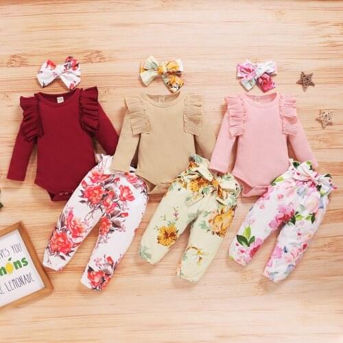 3 Pieces Baby Suit Set Solid Color Round Neck Long Sleeve Baby Romper+ Floral Print Trousers+ Headband
