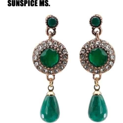 Fashion Green Natural Stone Water Drop Earrings For Women Bohemia Ethnic Dangle Earrings Antique Gold Color Wedding Jewelry New