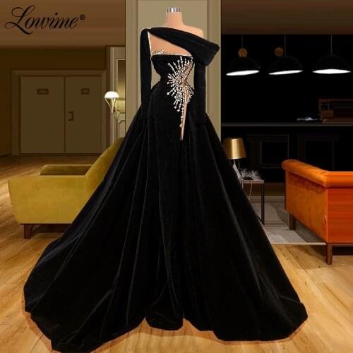Muslim Black Velvet Elegant Evening Dresses 2020 Newest Robe De Soiree Formal Sequins Beaded Celebrity Dresses Dubai Party Gown