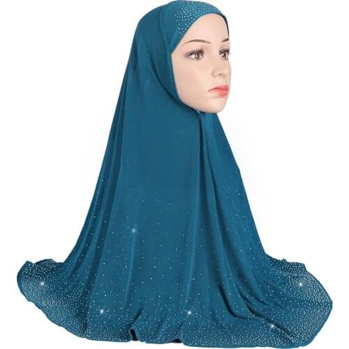 Muslim Women Long Hijabs Scarf with Starry Rhinestone Islam Arabic Plain Turban Jersey Cap for Lady Buqa Pray Headwrap Headscarf