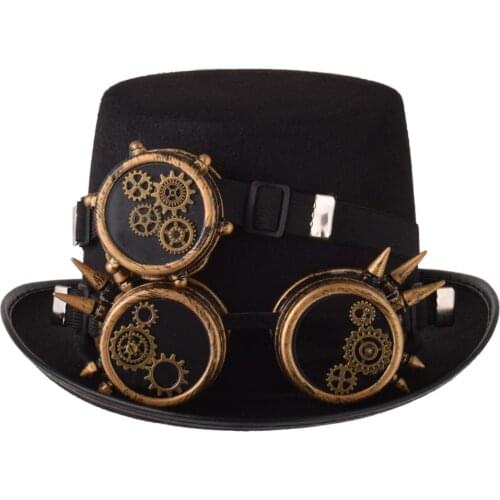 Black Spike Gears Goggles Top Hat Men/Women Steampunk Punk Party Cosplay Bowler Fedora