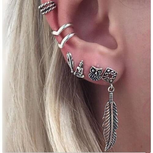 Fashion 7PCS Boho Earrings Set Feather Buddha Owl Leaves Moon Ancient Silver Color Stud Earring Ear Cuff Vintage Beach Jewelry