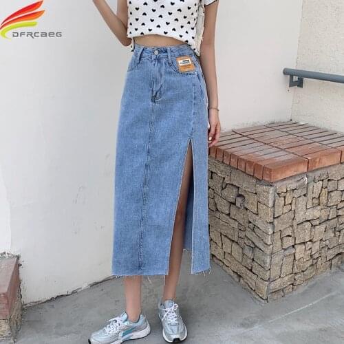 New 2021 Summer Long Denim Skirt Women Street Wear High Waist Blue Black Slit Jean Skirts Pockets A Line Maxi Skirts For Women