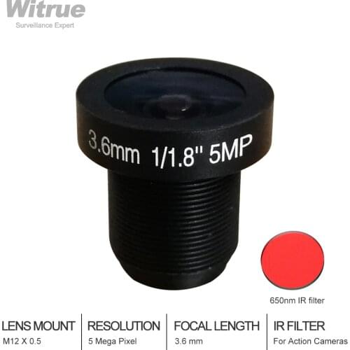 CCTV Lens 5MP 3.6mm 1/1.8" For Security Cameras HD IP Cameras F2.0" M12 Mount with IR filter for Action Camera