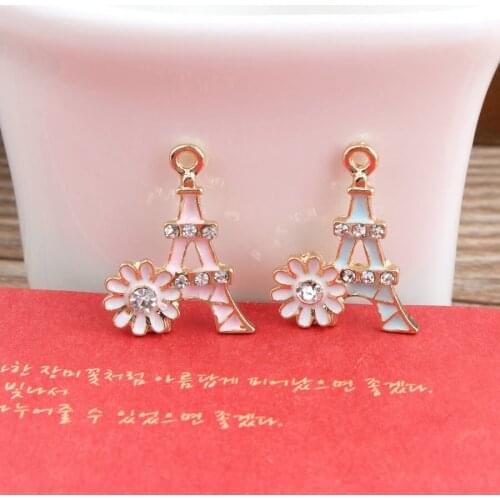 Wholesale Rhinestone Sunflower Decorated Tower Necklace Pendants Gold Tone Alloy Enamel Jewelry Charm Oil Drop Charm 50PCS